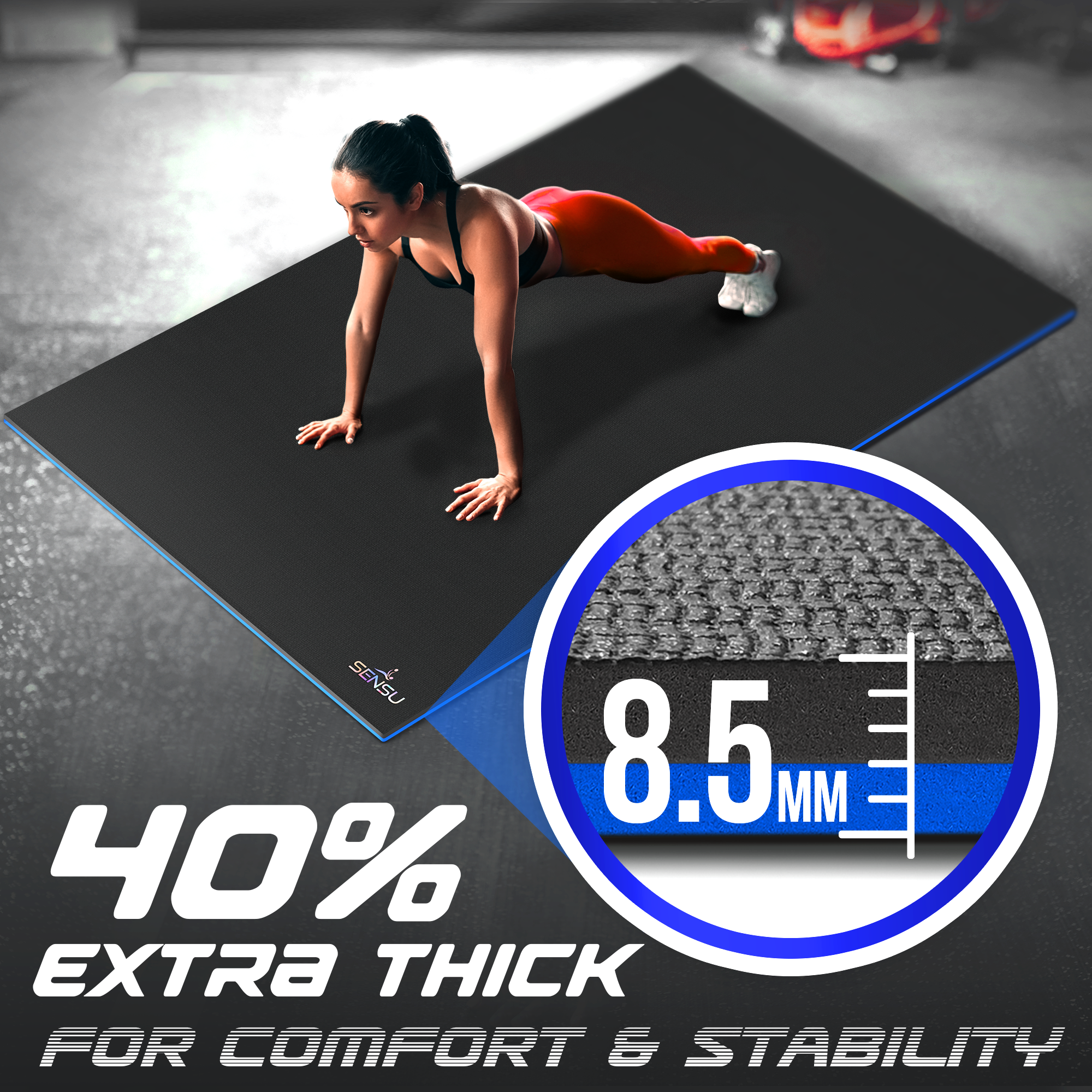 Sensu Large Exercise Mat – 6’ x 4’ x 8.5mm Extra Thick Workout Mats for Home Gym Flooring - Perfect for Jump Rope, Weights, Cardio and Fitness–