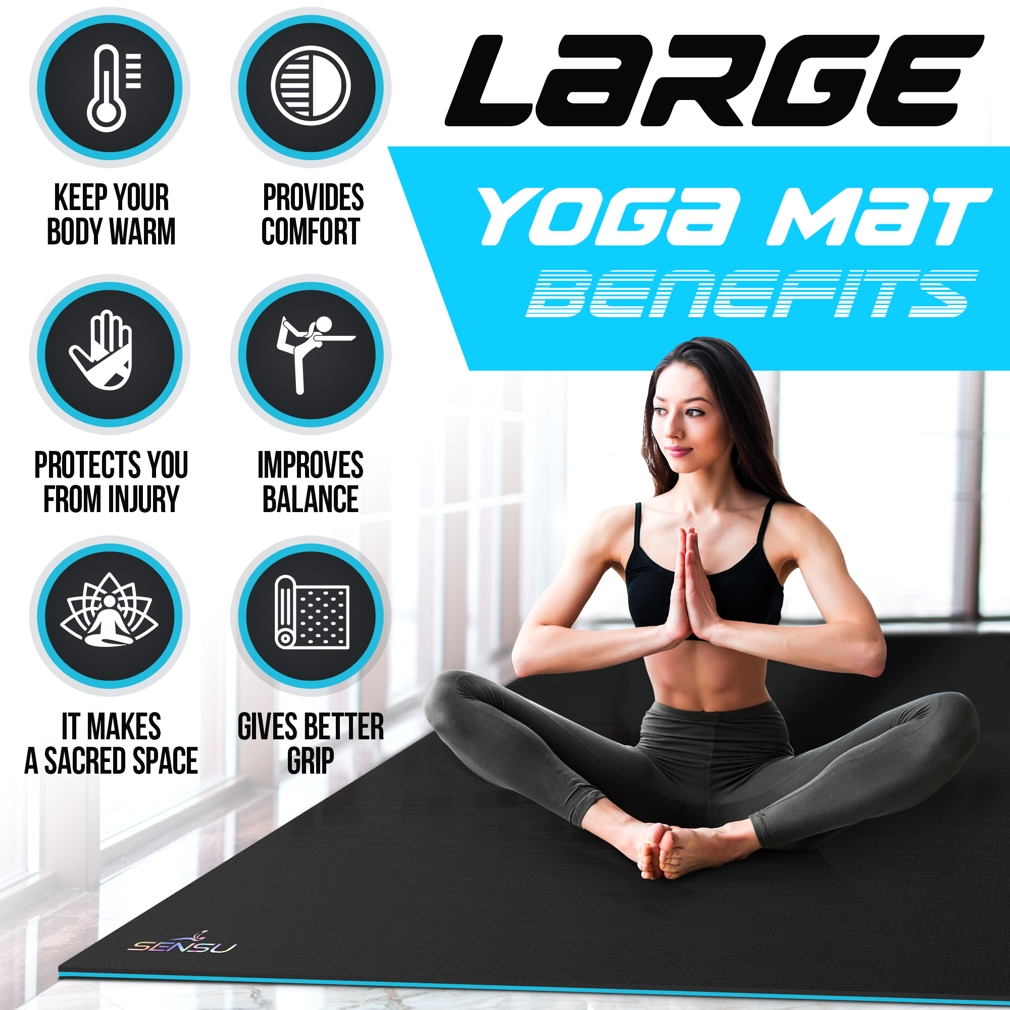 Sensu Large Yoga Mat - 6’ x 4’ x 9mm Extra Thick Exercise Mat for Yoga, Pilates, Stretching, Cardio Home Gym Floor, Non- Slip Anti Tear Eco-Friendly